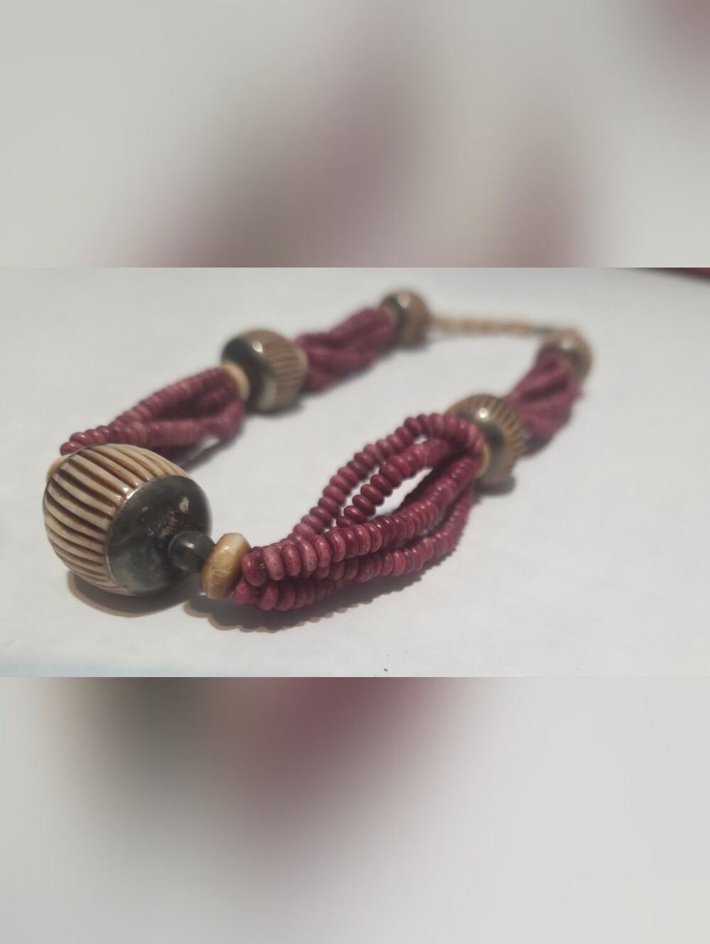 Vintage Pakistani Carved & Dyed Camel Bone Bead Necklace Authentic
